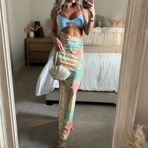 Abstract Contrast Pattern Cut Out Slip Sleeveless Maxi Dress